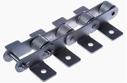 Solid pin bush conveyer chain acc. to DIN 8167 with plain rollers and mounting brackets