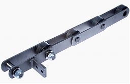 Solid pin bush conveyer chain acc. to DIN 8165 with plain rollers and fastening strap