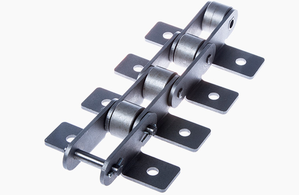 Solid pin bush conveyer chain acc. to DIN 8167 with plain rollers and mounting brackets